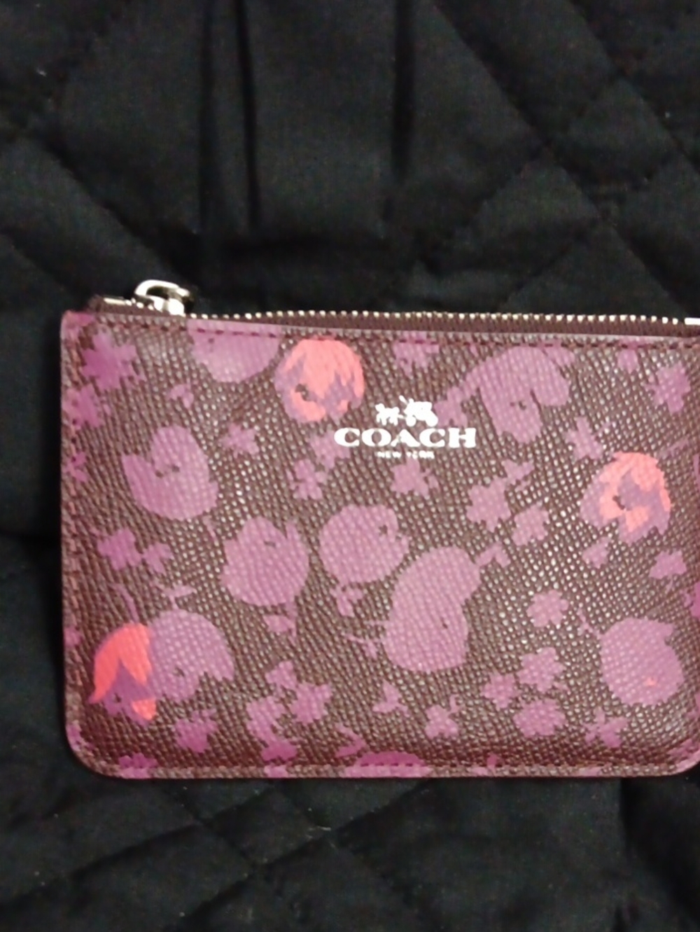 COACH Brown Floral Zip Card Pouch with Pink Accents